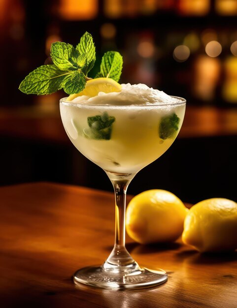 foto professionale di un cocktail gin fizz con atmosfera di limone e menta chic ed elegante