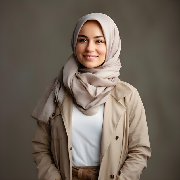 Foto professionale di una bella giovane donna in postura sorridente con viso e linguaggio del corpo espressivi