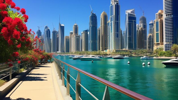 Foto Promenade e canale a Dubai Marina con grattacieli di lusso generati dall'IA