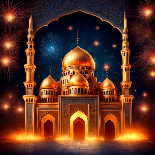 foto ramadan kareem eid mubarak lampada elegante reale con porta santa della moschea con fuochi d'artificio
