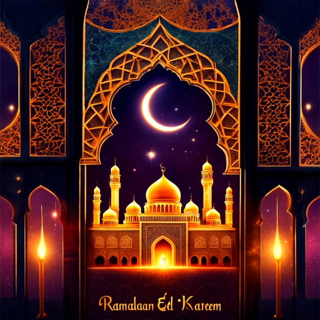 foto ramadan kareem eid mubarak lampada elegante reale con porta santa della moschea con fuochi d'artificio