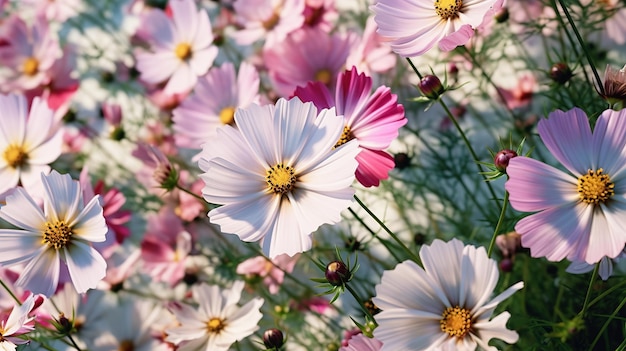 Foto ravvicinata dei fiori del cosmo che fioriscono nel giardino generativa AI