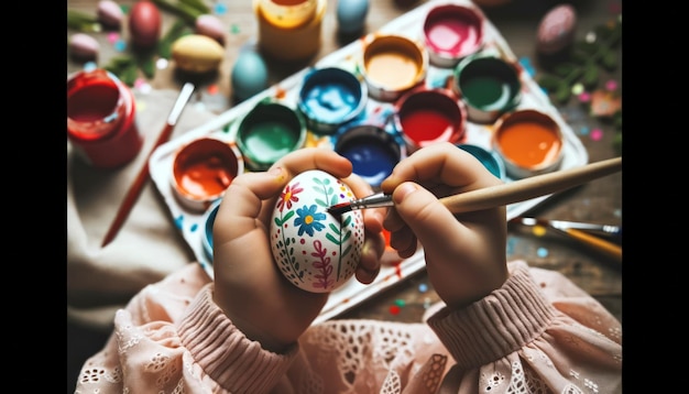 Foto ravvicinata delle mani di un bambino adornate con macchie di vernice mentre realizzano un disegno colorato su un uovo di Pasqua