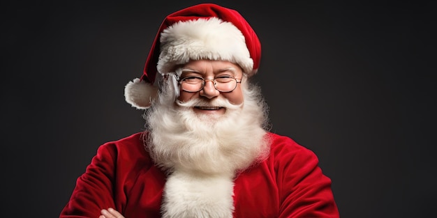 Foto ravvicinata di Babbo Natale positivo guardare in telecamera indossare costume rosso copricapo isolato
