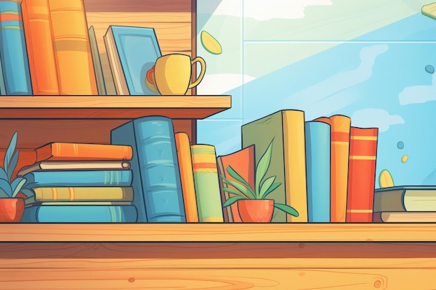 Foto ravvicinata di libri di biblioteca su uno scaffale di legno