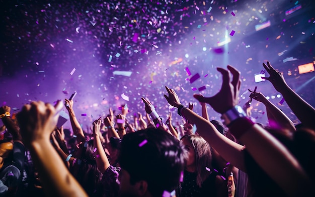 Foto ravvicinata di molte persone che ballano luci viola confetti che volano ovunque evento di nightclub