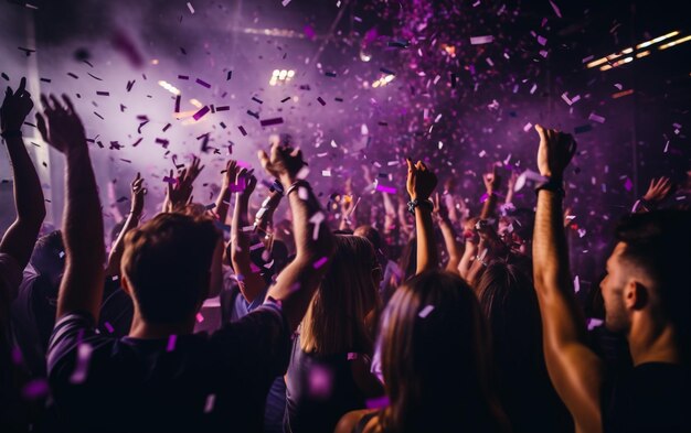 Foto ravvicinata di molte persone che ballano luci viola confetti che volano ovunque evento di nightclub