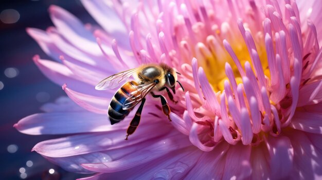 Foto ravvicinata di un'ape che raccoglie il miele sui fiori