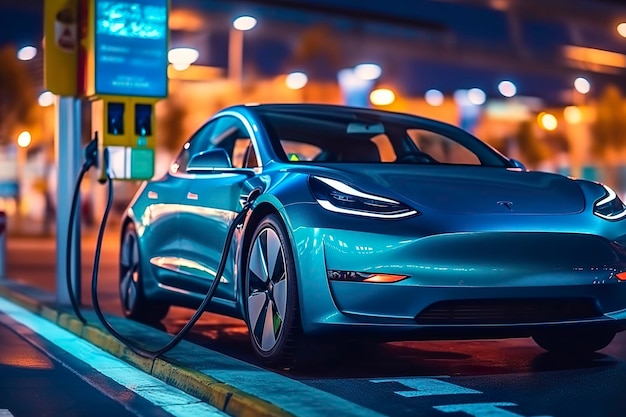 Foto ravvicinata di un'auto elettrica in carica presso una stazione di servizio IA generativa