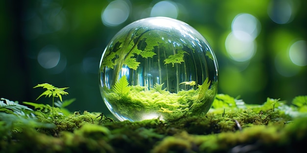 Foto ravvicinata di un globo di vetro immerso in una lussureggiante foresta verde