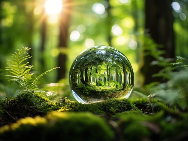 Foto ravvicinata di un globo di vetro immerso in una lussureggiante foresta verde