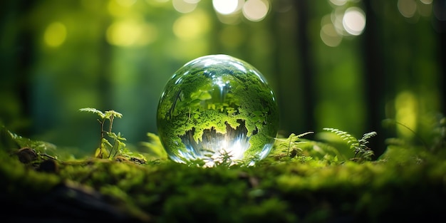 Foto ravvicinata di un globo di vetro immerso in una lussureggiante foresta verde
