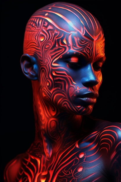 Foto ravvicinata di un modello maschile con body art al neon