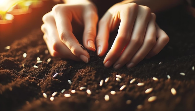 Foto ravvicinata di un paio di mani con le dita che posizionano delicatamente i semi in un terreno ricco e scuro