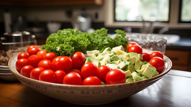 Foto ravvicinata di una ciotola di lattuga con pomodori a pezzetti