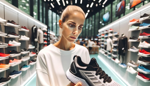 Foto ravvicinata di una donna caucasica in forma in un moderno negozio sportivo luminoso Il negozio è pieno di attrezzature sportive e abbigliamento di ultima generazione