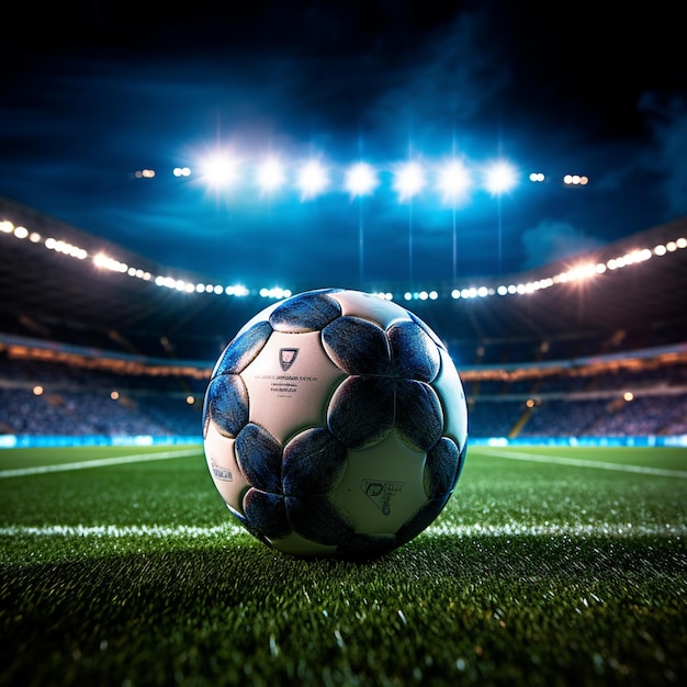 Foto ravvicinata di una palla da calcio al centro dello stadio illuminata dai fari