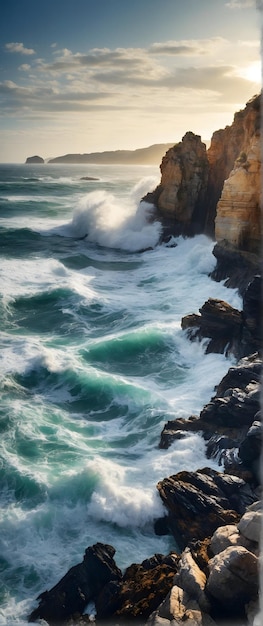 Foto reale come Ocean Edge Le onde si schiantano contro le scogliere costiere una danza di acqua e roccia in natura