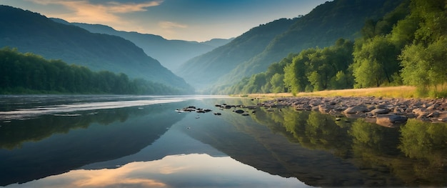 Foto reale come Reflective Peace Riflessioni sulla riva del fiume che catturano la quiete dello specchio della natura in na