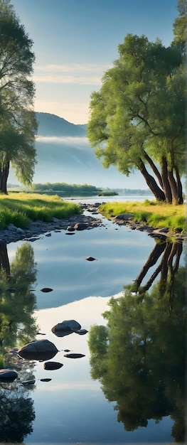 Foto reale come Reflective Serenity I riflessi della riva riflettono la bellezza di un paesaggio tranquillo