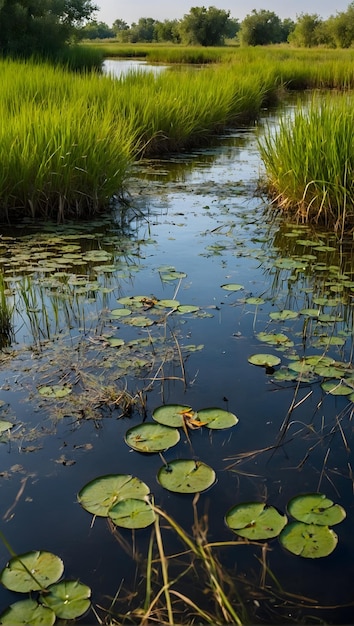Foto reale con tema naturale per il concetto di Wetland Web come una complessa rete di corsi d'acqua in una zona umida