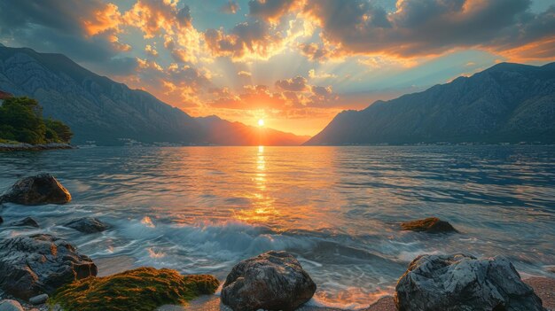 Foto realistica che cattura la maestosa baia di Kotor con il sole che tramonta dietro nuvole sparse