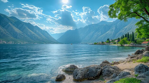 Foto realistica che raffigura la baia di Kotor sotto un cielo parzialmente nuvoloso il sole che proietta i suoi raggi su t