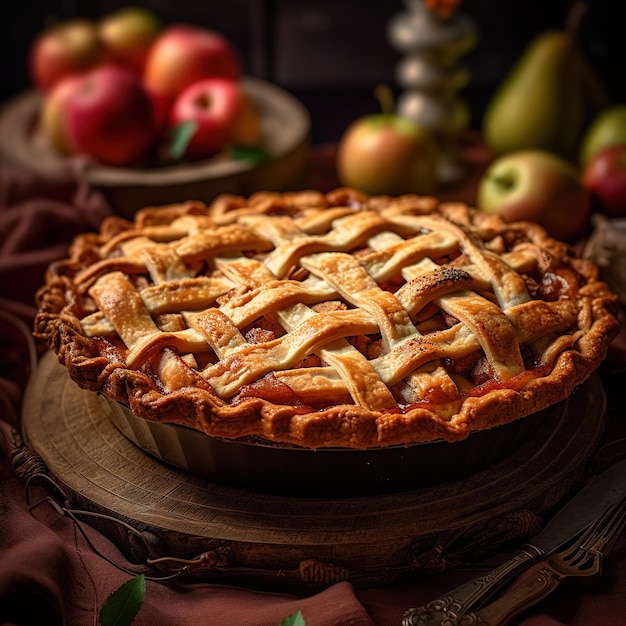 Foto realistica della torta di mele che circonda la frutta della mela CloseUp Food Photography