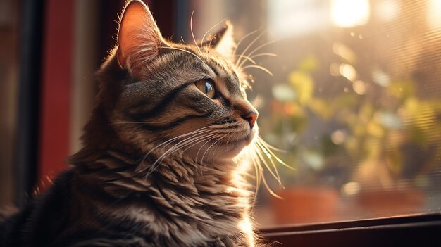 Foto realistica di gatto domestico retroilluminato con bokeh nei toni della terra