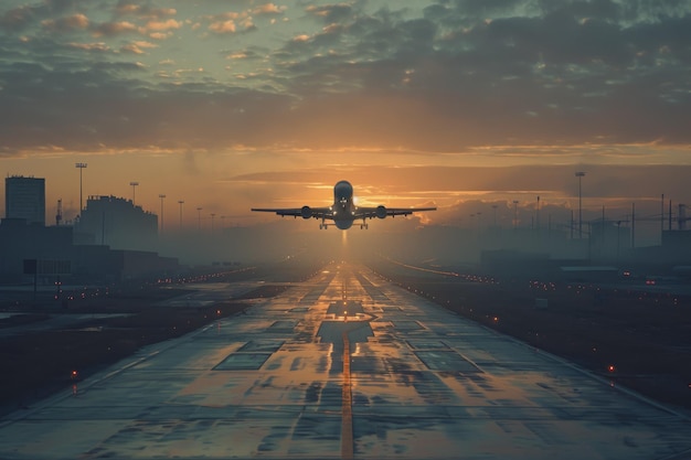 Foto realistica di un aeroporto con un aereo che decolla alla luce del giorno