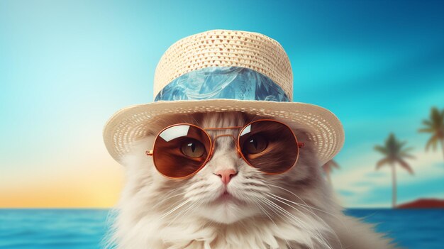 Foto realistica di un allegro gatto peloso in vacanza che indossa un cappello Panama Viaggi e vacanze