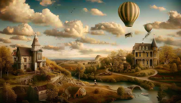 Foto realistica di un confortevole palloncino ad aria calda in stile Steampunk