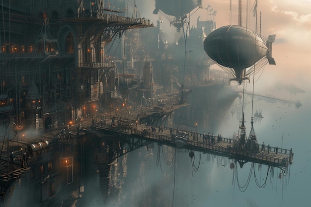 Foto realistica di un confortevole palloncino ad aria calda in stile Steampunk