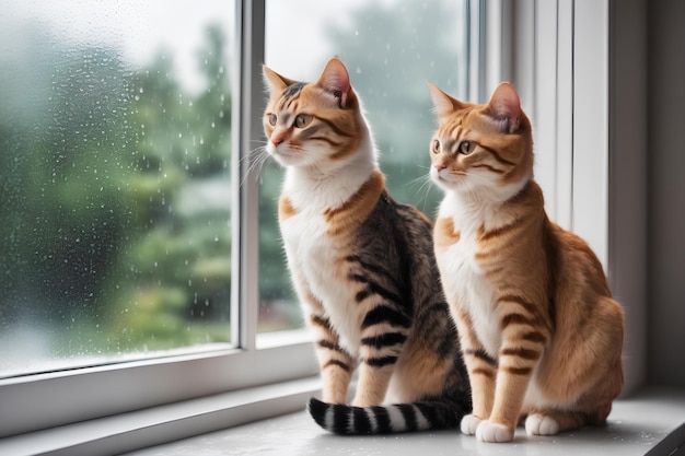 Foto realistica di un gatto carino seduto accanto a una finestra di vetro che piove fuori