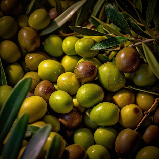 Foto realistica di un grappolo di olive vista superiore paesaggio di frutta