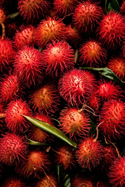 Foto realistica di un gruppo di rambutans vista superiore paesaggio di frutta