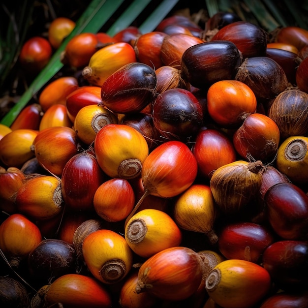 Foto realistica di un mucchio di frutta di palma da olio vista superiore paesaggio di frutta