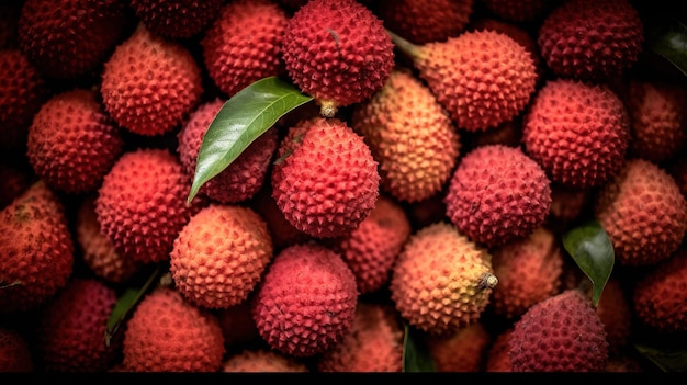 Foto realistica di un mucchio di lichi in cima a un paesaggio di frutta