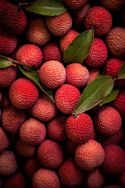 Foto realistica di un mucchio di lichi in cima a un paesaggio di frutta