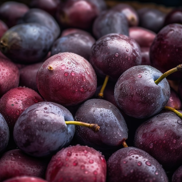 Foto realistica di un mucchio di prugne in cima a un paesaggio di frutta