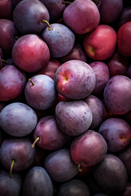 Foto realistica di un mucchio di prugne in cima a un paesaggio di frutta