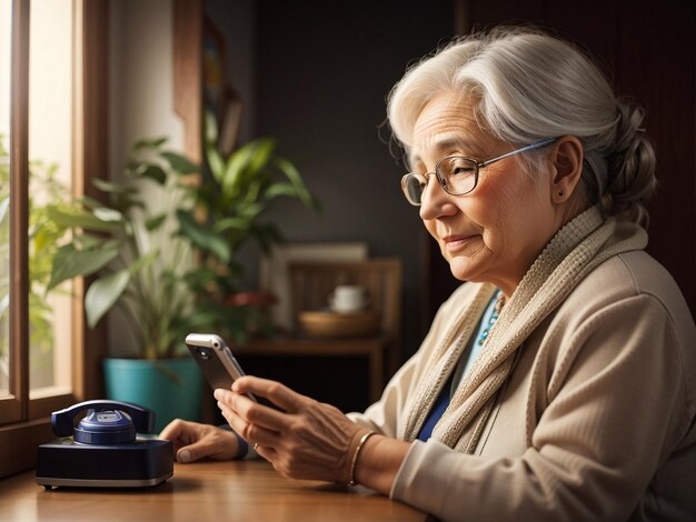 Foto realistica di una donna anziana che guarda un telefono grazie all'IA generativa