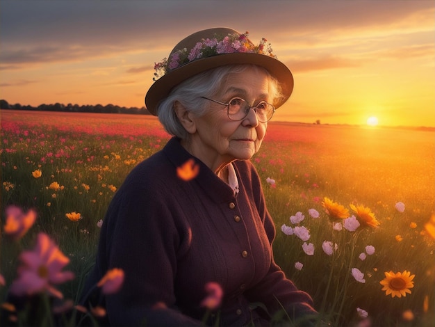 Foto realistica di una donna anziana su un campo di fiori al tramonto da Generative AI