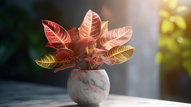 Foto realistica di una pianta tropicale in un vaso di marmo con condizioni di luce naturale