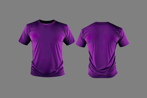 Foto realistiche magliette viola maschili con vista frontale e posteriore dello spazio di copia