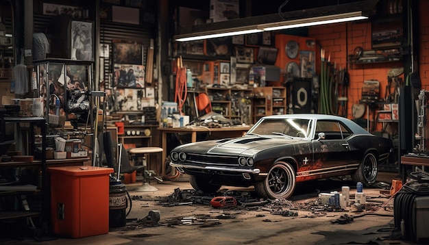 Foto-realistico diorama di una scena di un'officina di riparazione auto