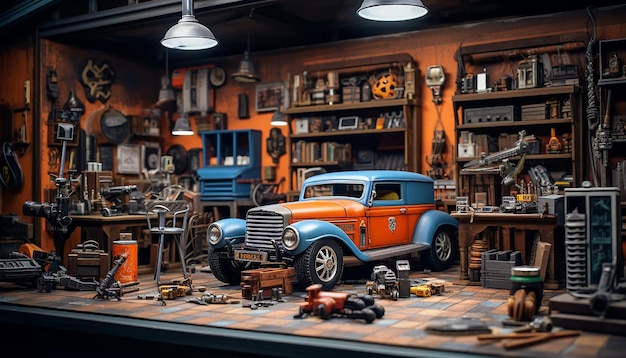 Foto-realistico diorama di una scena di un'officina di riparazione auto