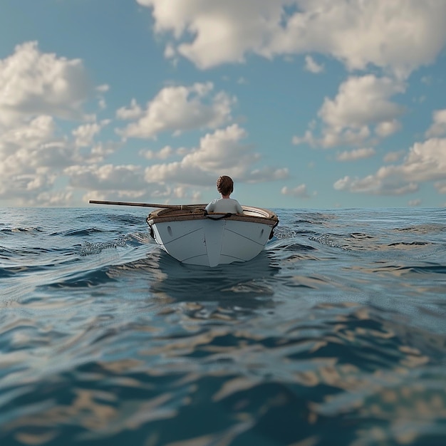 Foto renderizzata in 3D di Boy Enjoy Driving A Boat In The Middle of the Sea