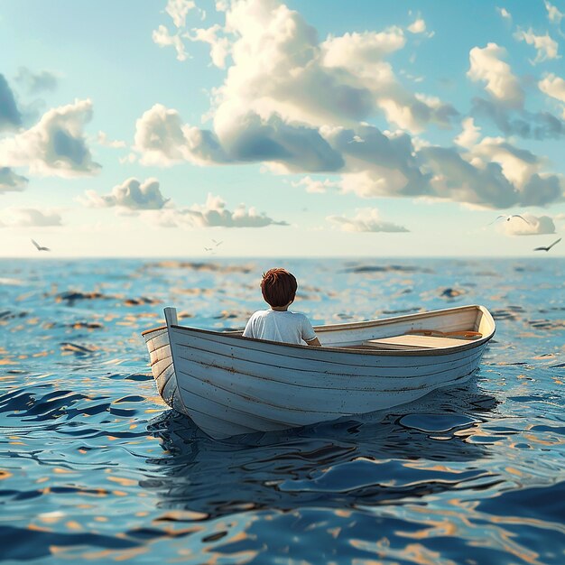 Foto renderizzata in 3D di Boy Enjoy Driving A Boat In The Middle of the Sea