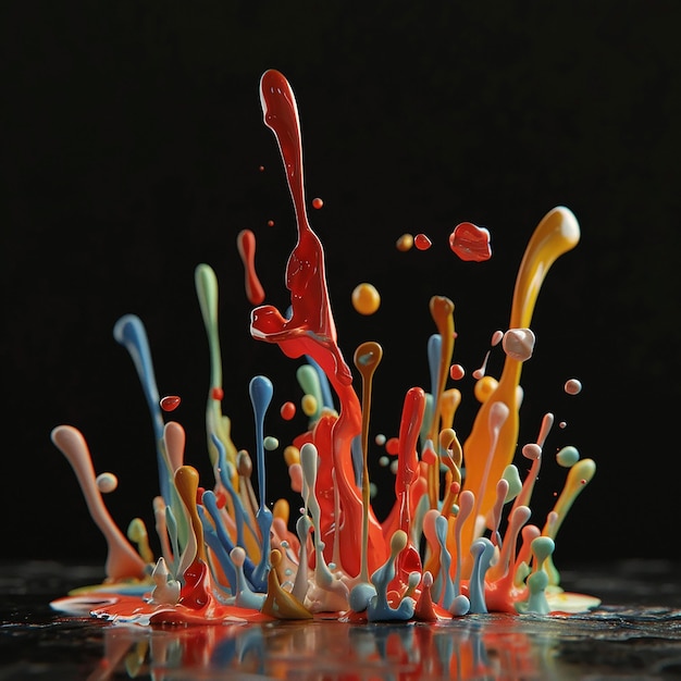 Foto renderizzata in 3D di spruzzi di vernice colorati isolati su sfondo nero